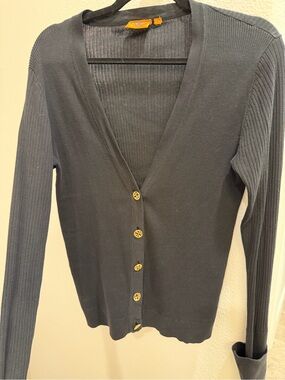 Tory Burch Black Ribbed V‑Neck Button Cardigan